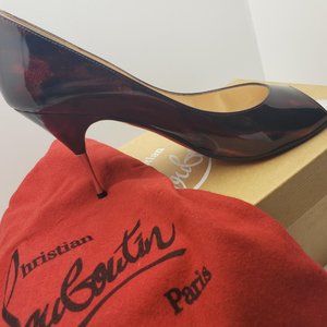 Christian Louboutin Yoyospina 85 Burgundy Glittart Peep Toe Glitter Patent Heels